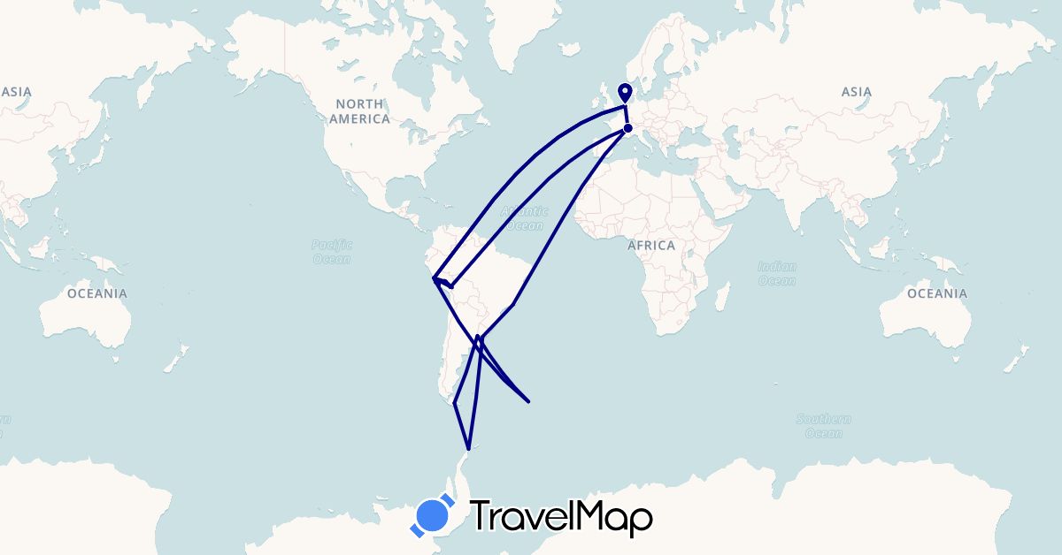 TravelMap itinerary: driving in Antarctica, Argentina, Brazil, Switzerland, South Georgia and the South Sandwich Islands, Netherlands, Peru, Uruguay (Antarctica, Europe, South America)
